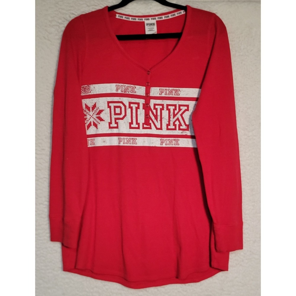 Pink Victoria Secret Womens Size L Sleepwear Top Thermal Red Long Sleeve 1723